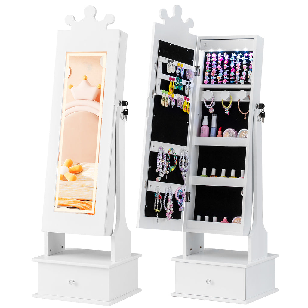 Kids Jewelry Armoire with 3-Color Lighted Full Length Mirror and LED Lights - White