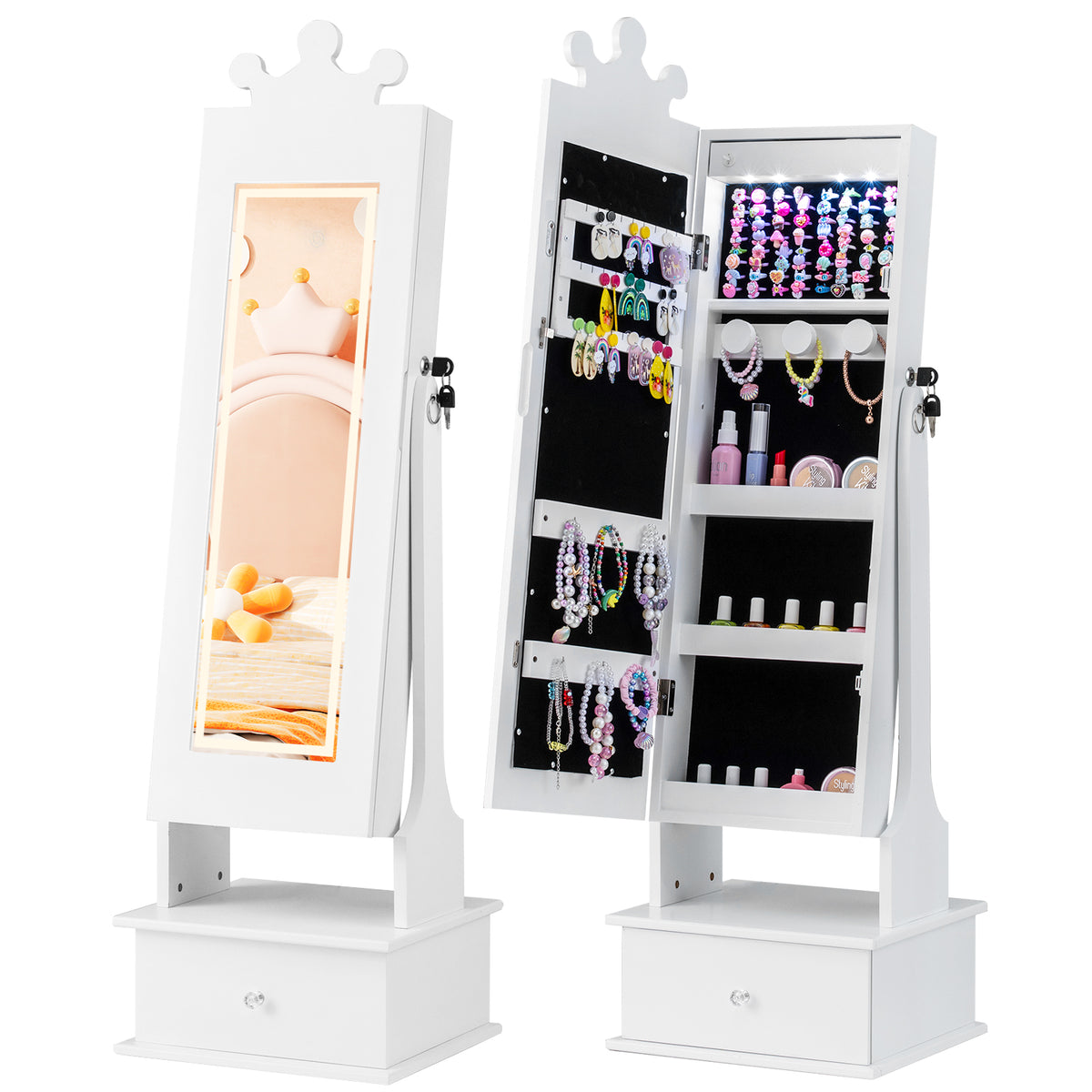 Kids Jewelry Armoire with 3-Color Lighted Full Length Mirror and LED Lights - White