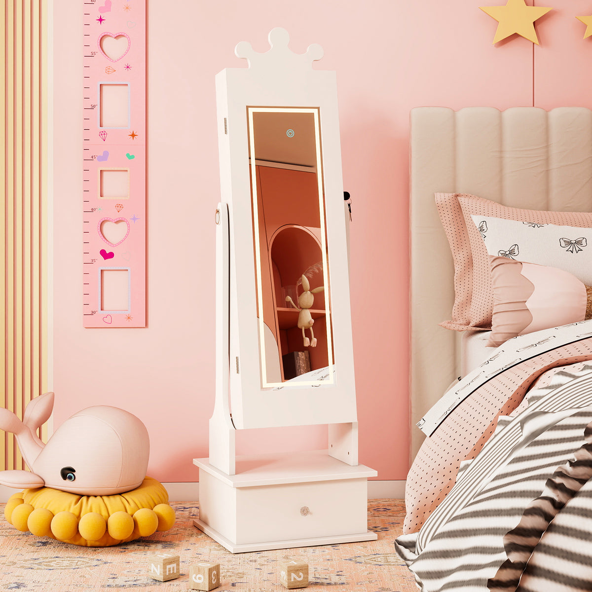 Kids Jewelry Armoire with 3-Color Lighted Full Length Mirror and LED Lights - White