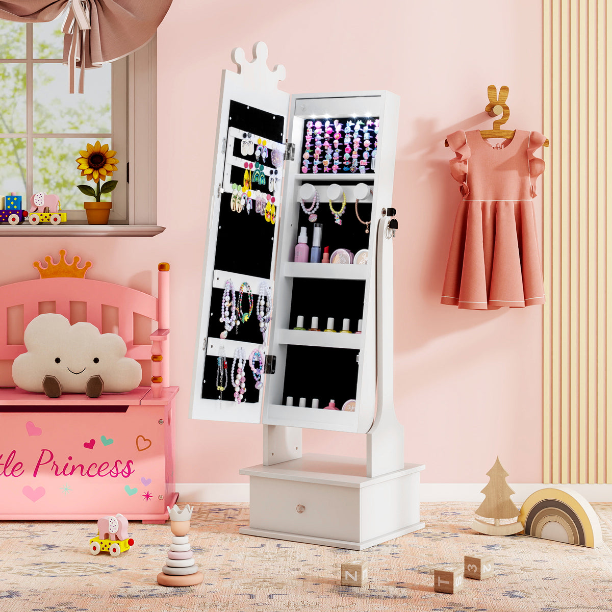 Kids Jewelry Armoire with 3-Color Lighted Full Length Mirror and LED Lights - White