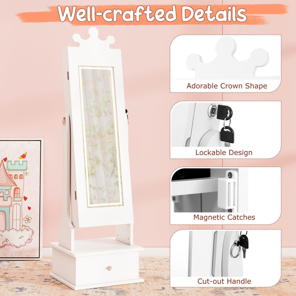 Kids Jewelry Armoire with 3-Color Lighted Full Length Mirror and LED Lights - White