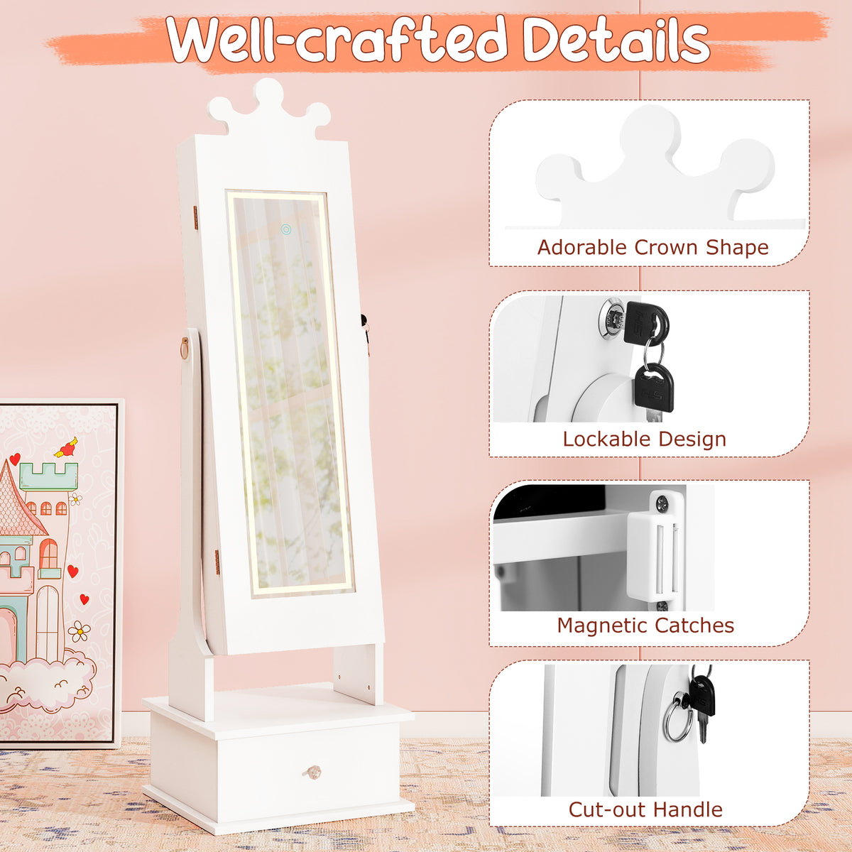Kids Jewelry Armoire with 3-Color Lighted Full Length Mirror and LED Lights - White
