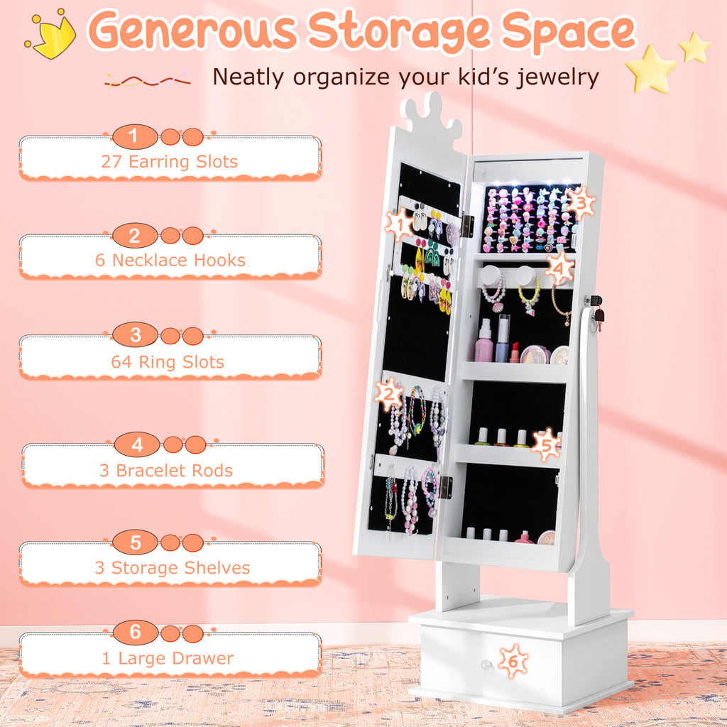 Kids Jewelry Armoire with 3-Color Lighted Full Length Mirror and LED Lights - White