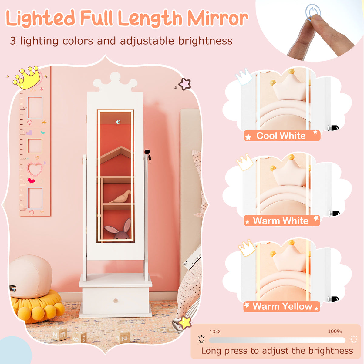 Kids Jewelry Armoire with 3-Color Lighted Full Length Mirror and LED Lights - White