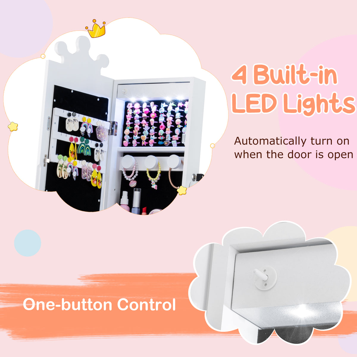Kids Jewelry Armoire with 3-Color Lighted Full Length Mirror and LED Lights - White