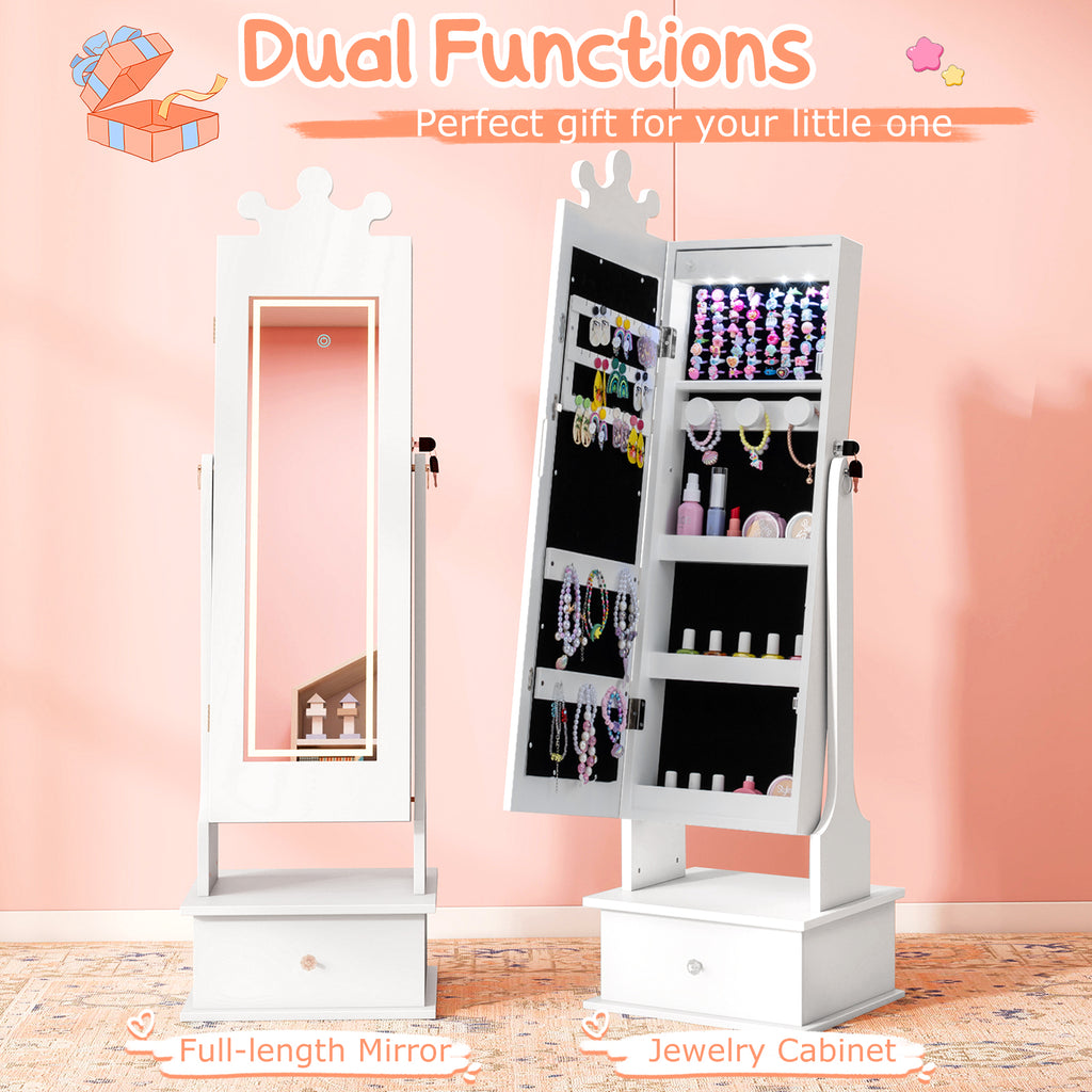 Kids Jewelry Armoire with 3-Color Lighted Full Length Mirror and LED Lights - White