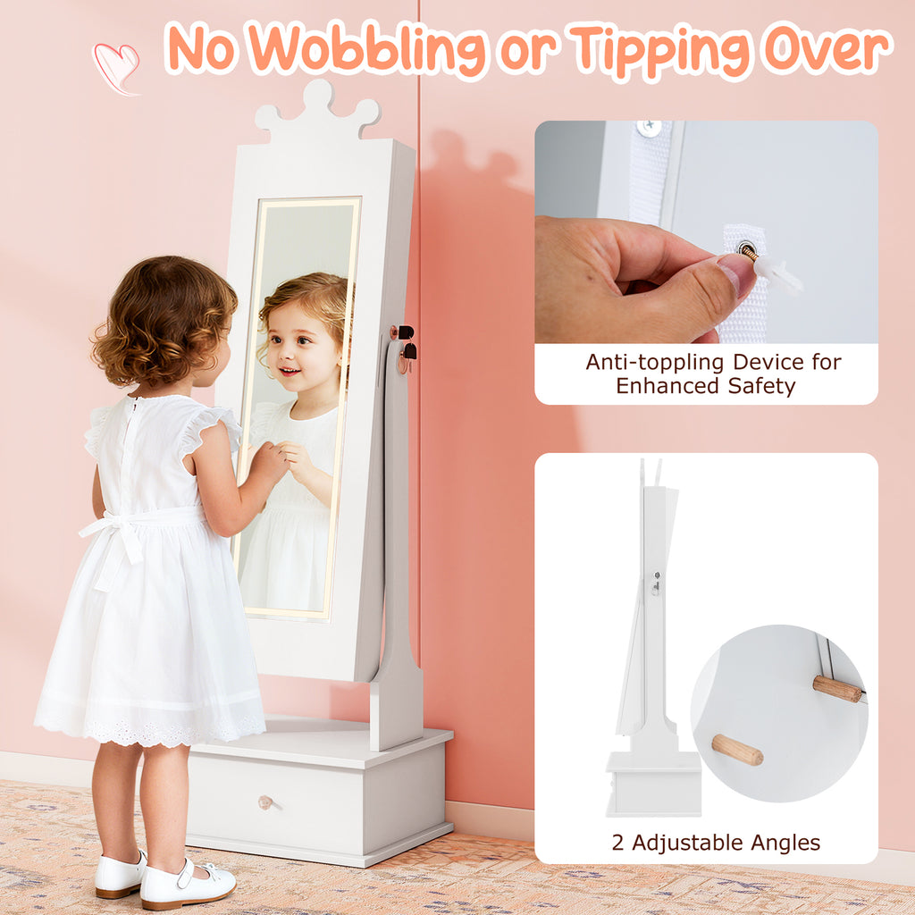 Kids Jewelry Armoire with 3-Color Lighted Full Length Mirror and LED Lights - White