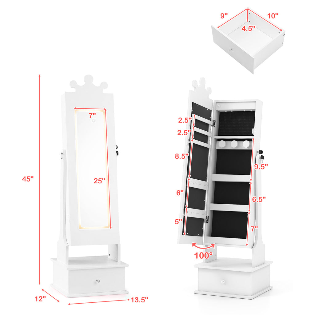 Kids Jewelry Armoire with 3-Color Lighted Full Length Mirror and LED Lights - White