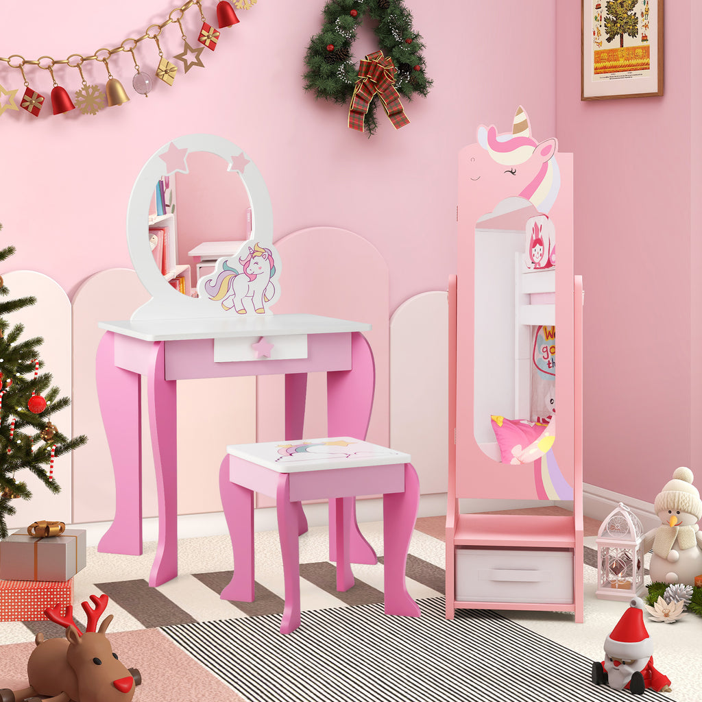 Kids Jewelry Armoire Cabinet with Mirror & Storage - Unicorn Flank Pink