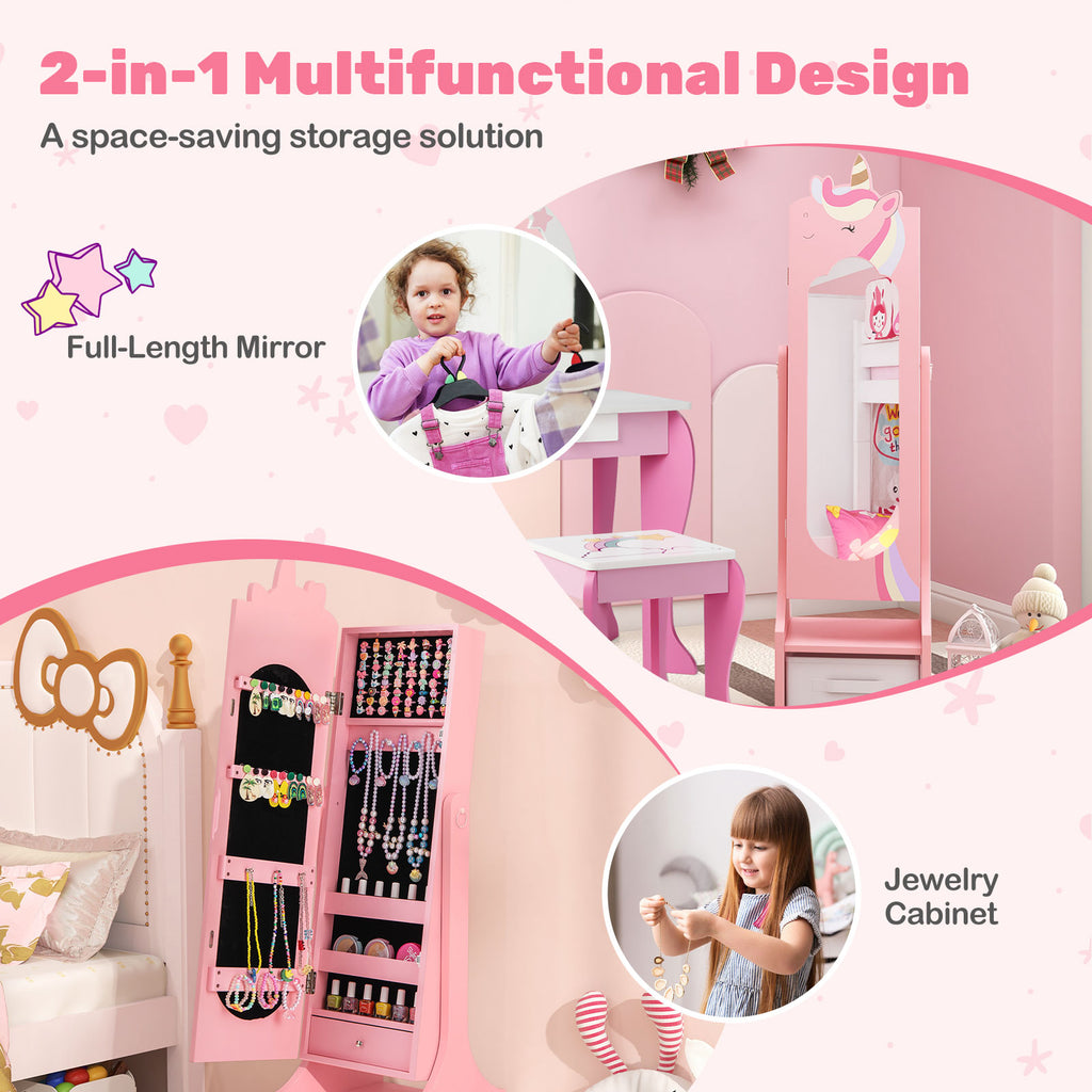 Kids Jewelry Armoire Cabinet with Mirror & Storage - Unicorn Flank Pink