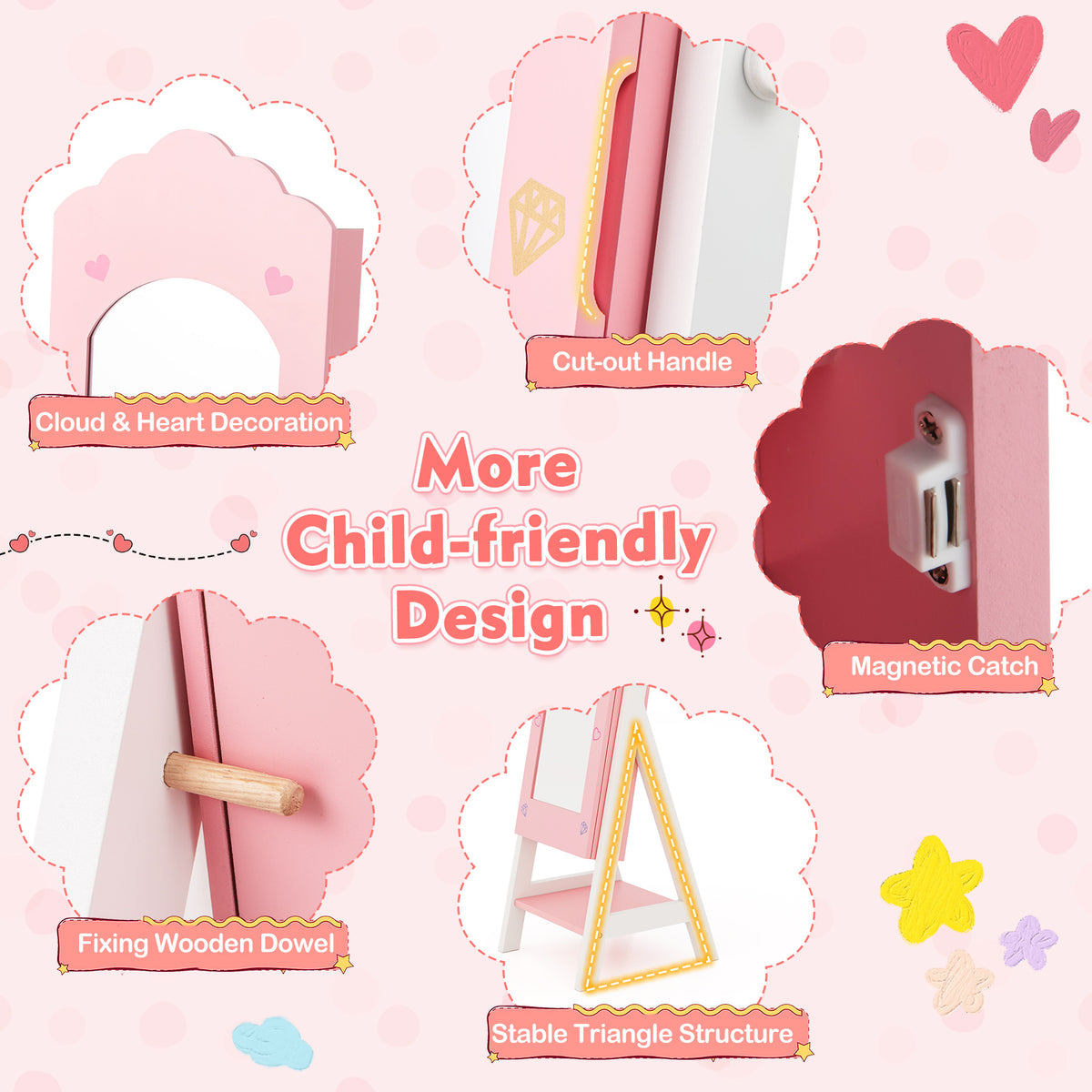 Kids Jewelry Organizer with Full-Length Mirror & Pink Cloud Design - Wall-Mount Storage