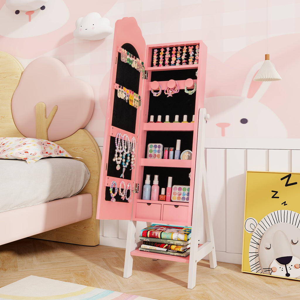 Kids Jewelry Organizer with Full-Length Mirror & Pink Cloud Design - Wall-Mount Storage