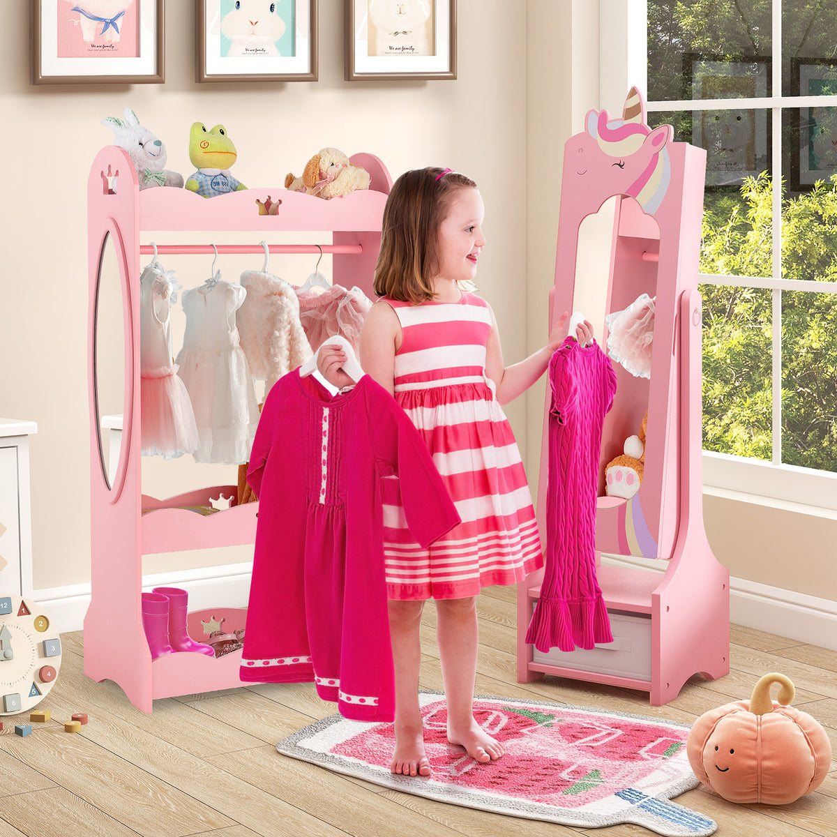 Kids Jewelry Armoire Cabinet with Mirror & Storage - Unicorn Flank Pink