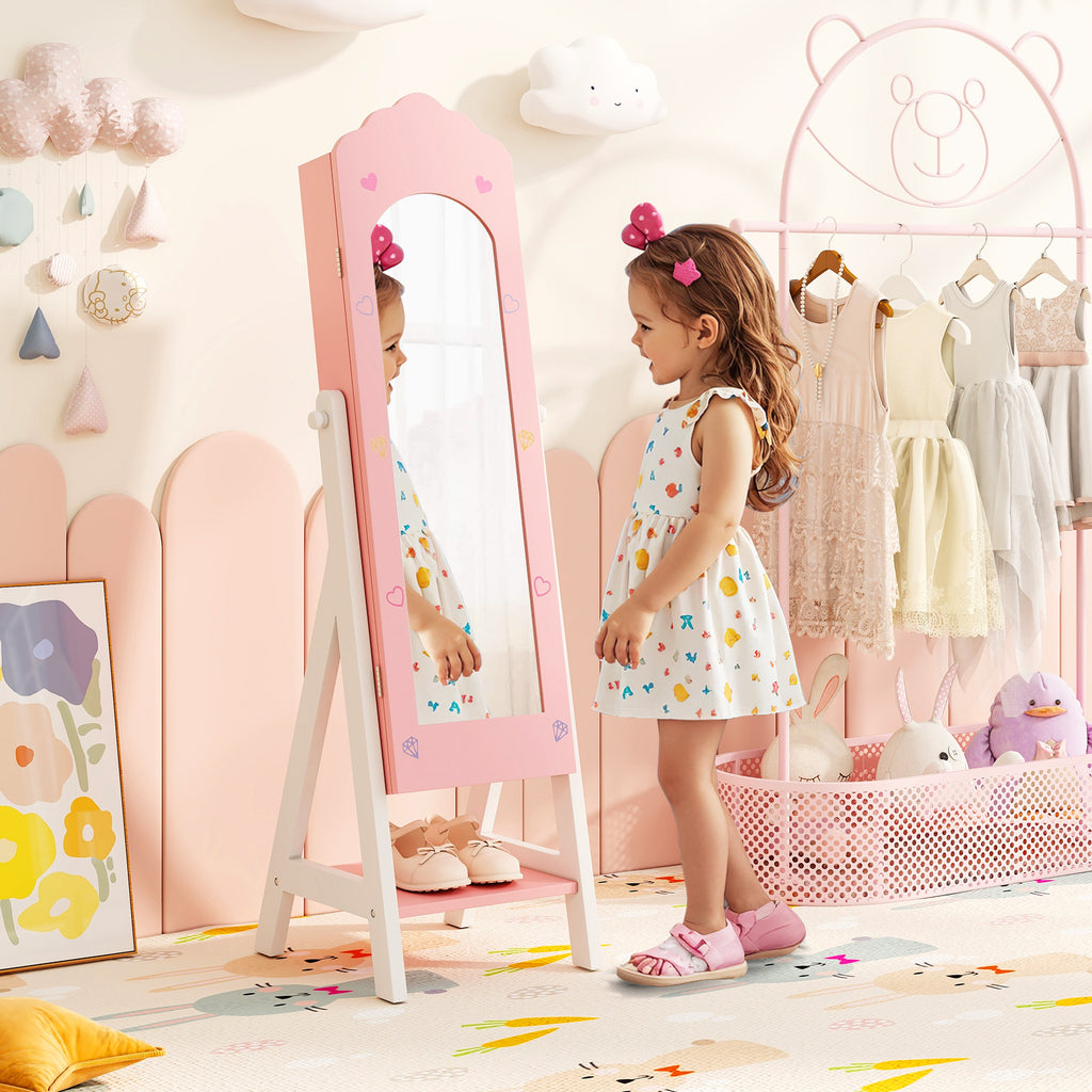 Kids Jewelry Organizer with Full-Length Mirror & Pink Cloud Design - Wall-Mount Storage