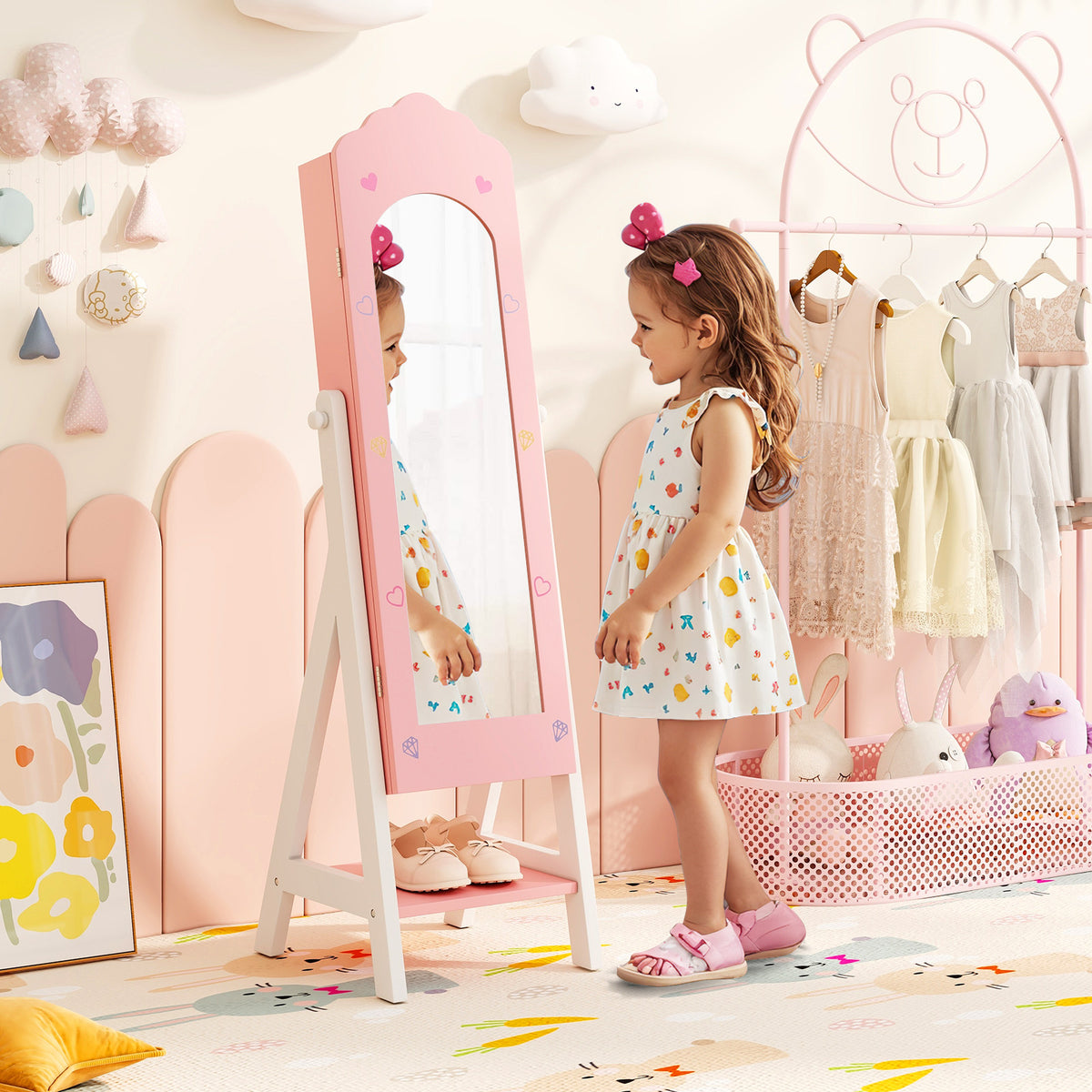 Kids Jewelry Organizer with Full-Length Mirror & Pink Cloud Design - Wall-Mount Storage