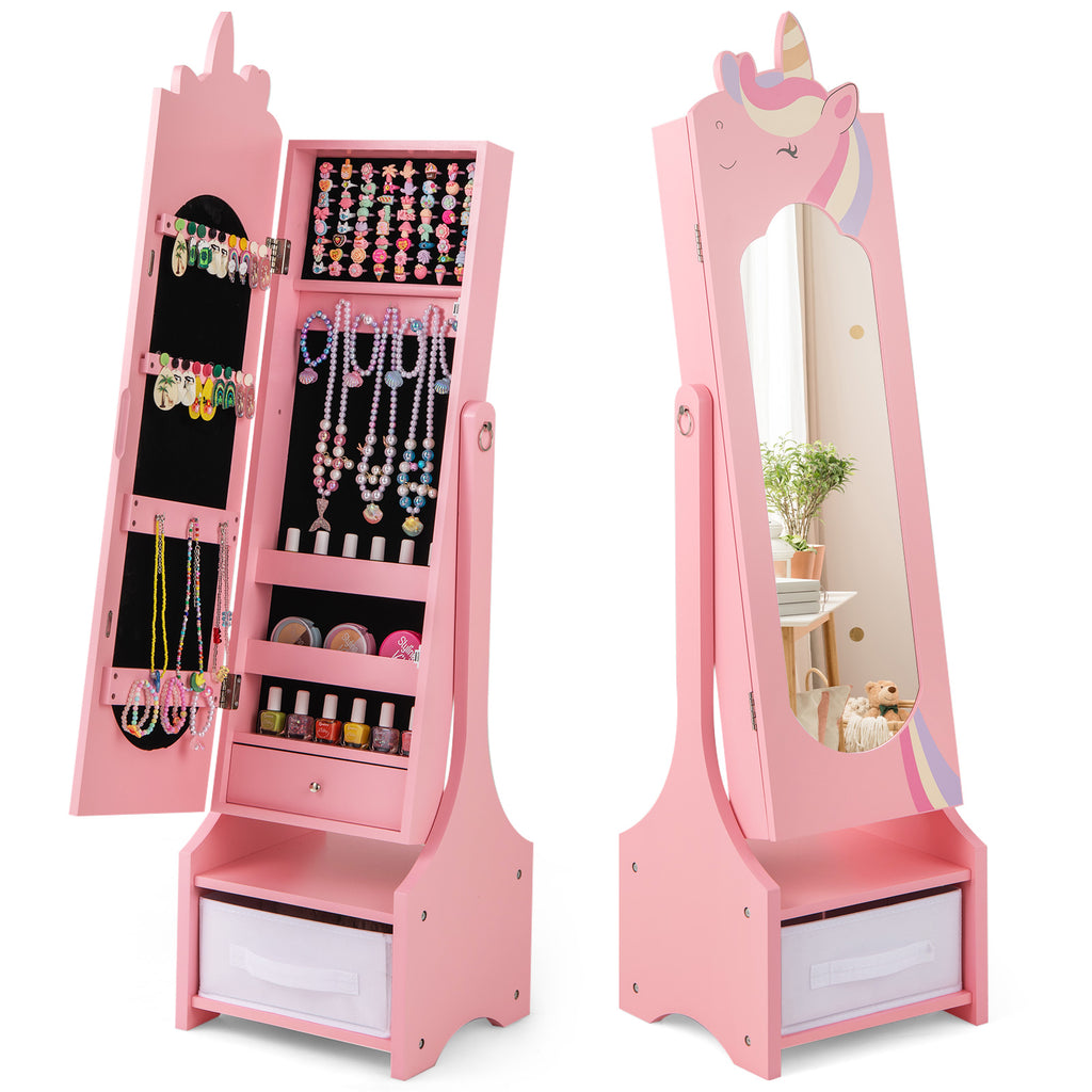 Kids Jewelry Armoire Cabinet with Mirror & Storage - Unicorn Flank Pink