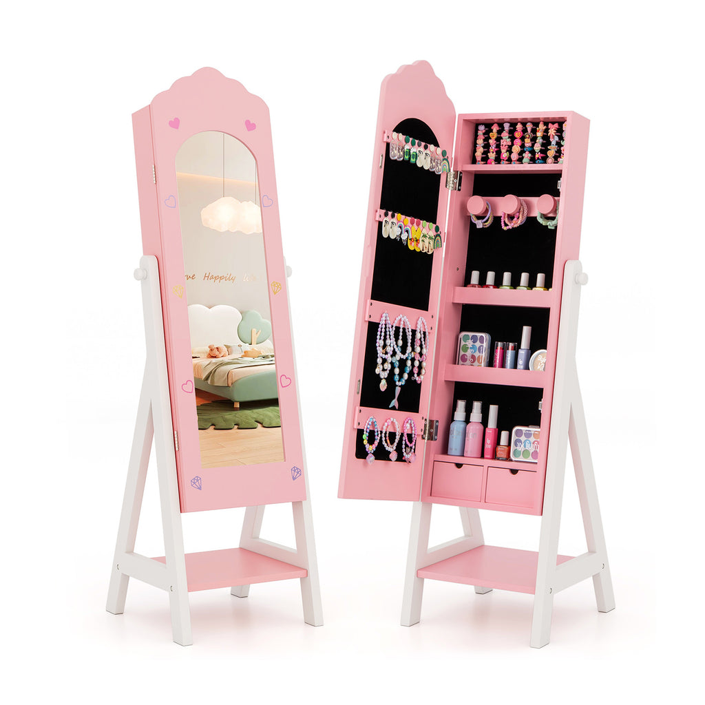 Kids Jewelry Organizer with Full-Length Mirror & Pink Cloud Design - Wall-Mount Storage