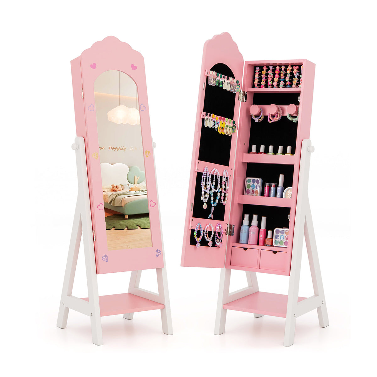 Kids Jewelry Organizer with Full-Length Mirror & Pink Cloud Design - Wall-Mount Storage
