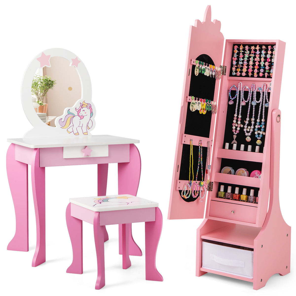 Kids Jewelry Armoire Cabinet with Mirror & Storage - Unicorn Flank Pink