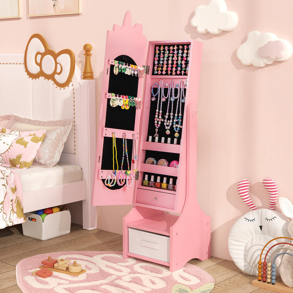 Kids Jewelry Armoire Cabinet with Mirror & Storage - Unicorn Flank Pink