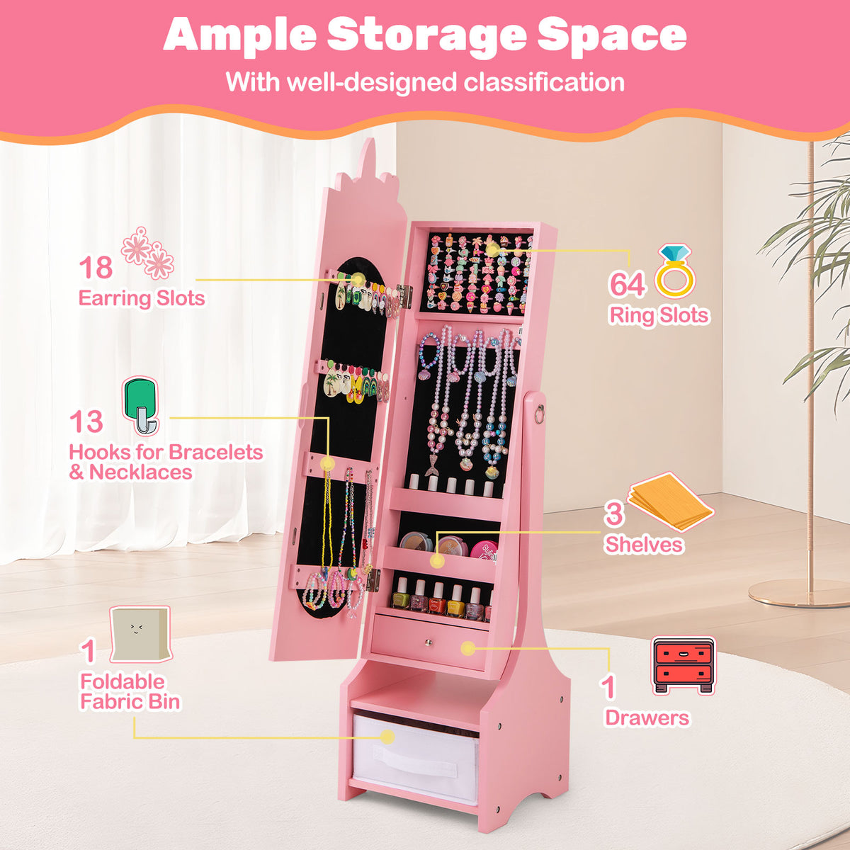 Kids Jewelry Armoire Cabinet with Mirror & Storage - Unicorn Flank Pink