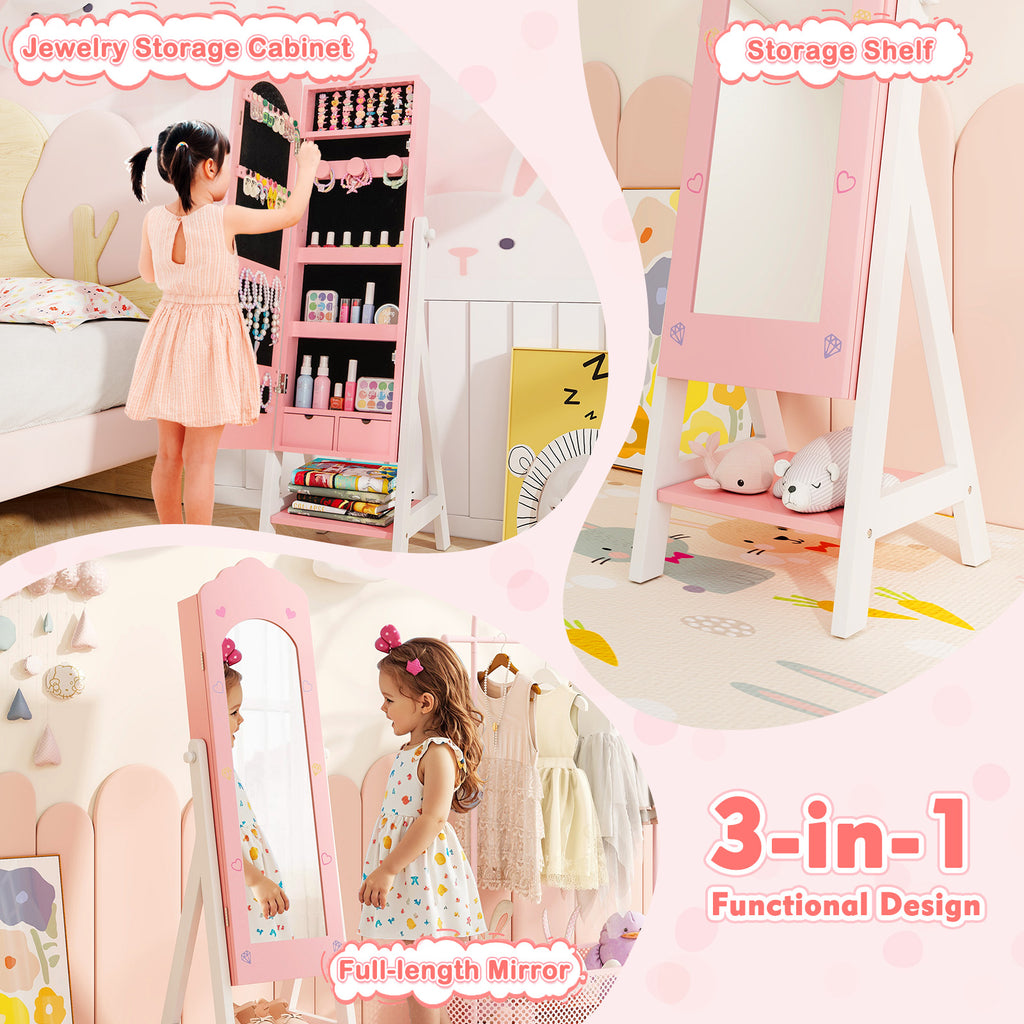 Kids Jewelry Organizer with Full-Length Mirror & Pink Cloud Design - Wall-Mount Storage