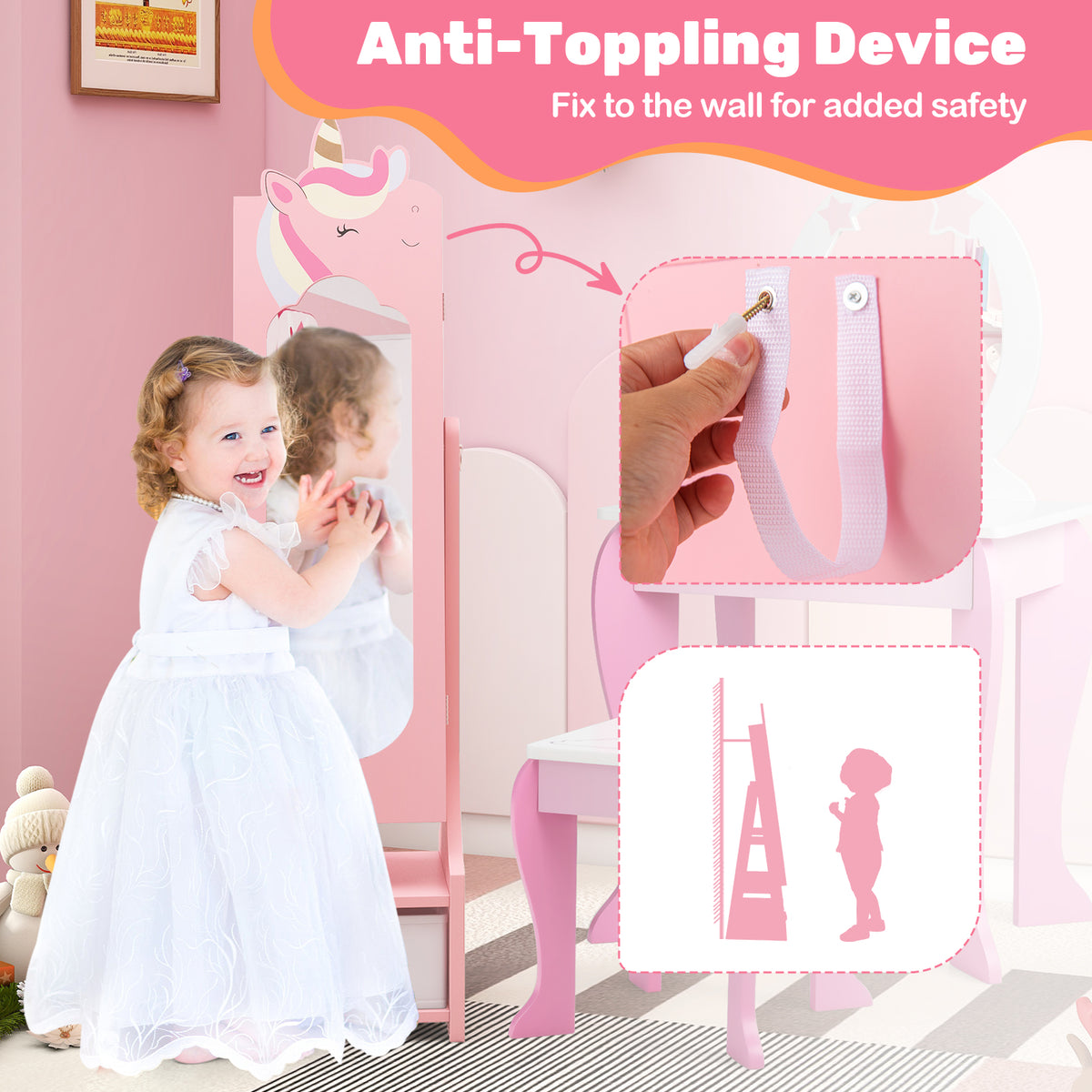 Kids Jewelry Armoire Cabinet with Mirror & Storage - Unicorn Flank Pink