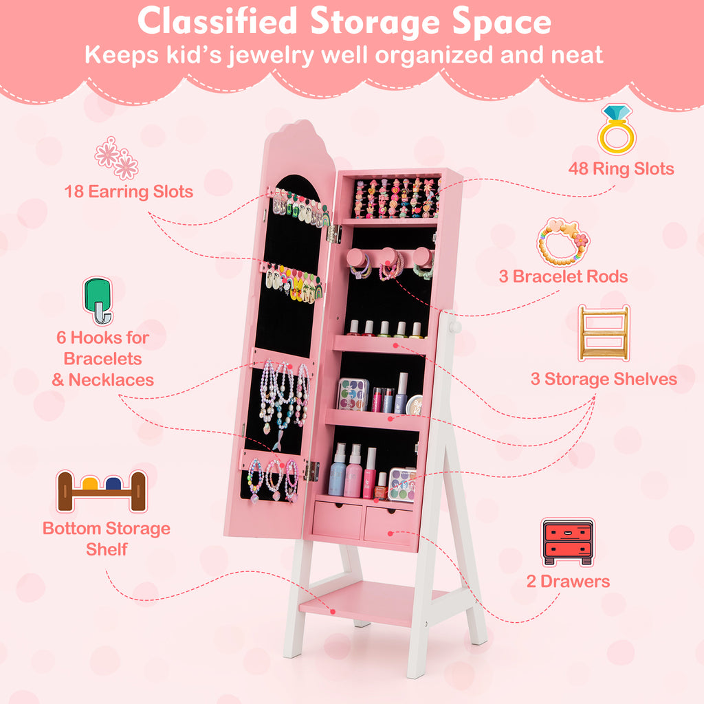 Kids Jewelry Organizer with Full-Length Mirror & Pink Cloud Design - Wall-Mount Storage