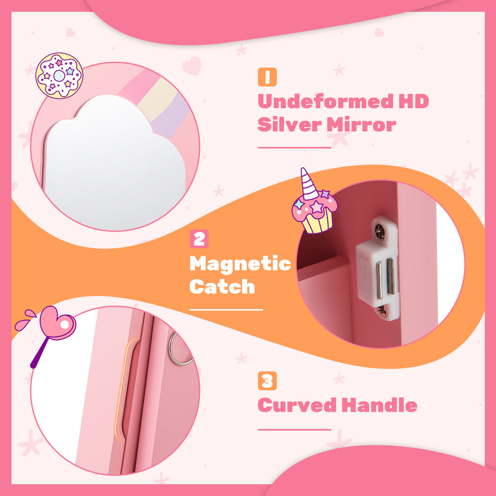 Kids Jewelry Armoire Cabinet with Mirror & Storage - Unicorn Flank Pink