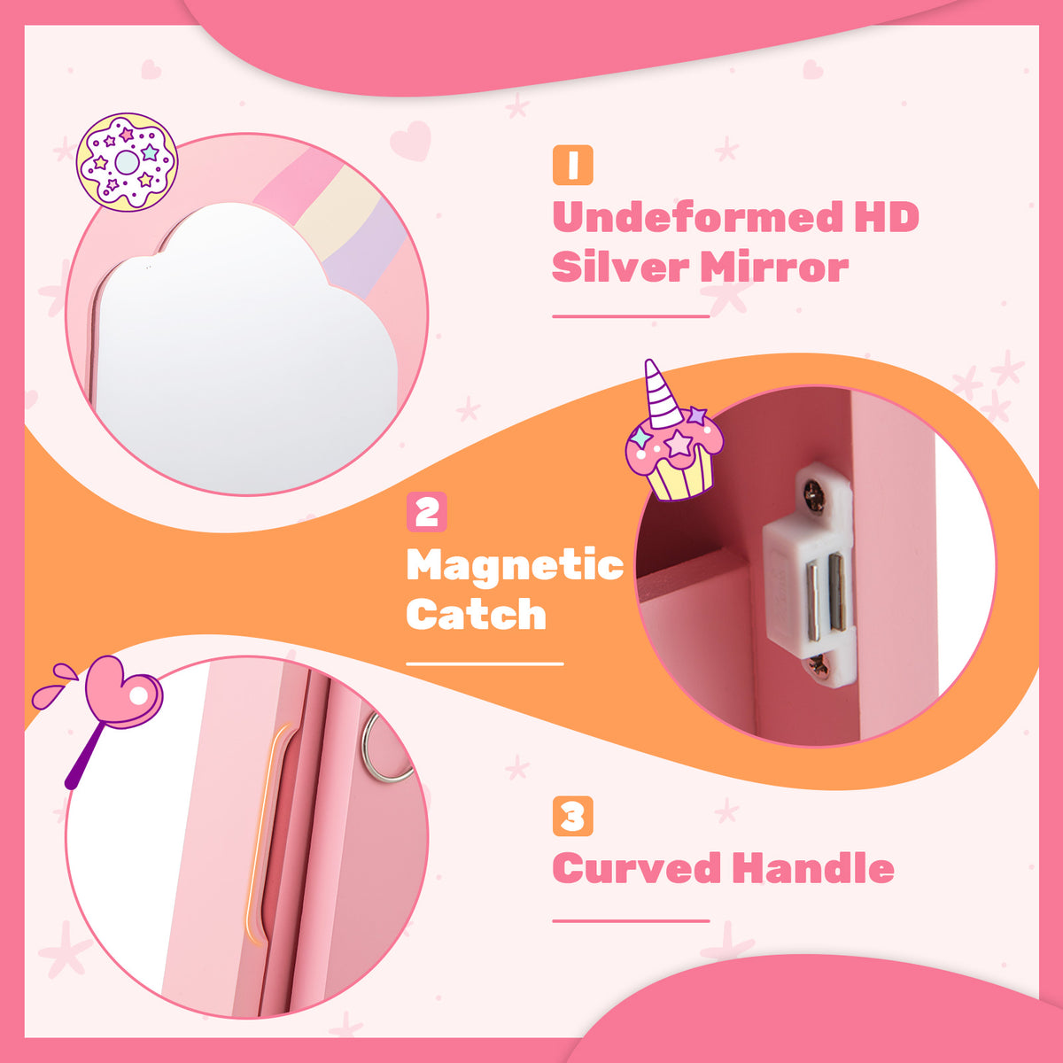 Kids Jewelry Armoire Cabinet with Mirror & Storage - Unicorn Flank Pink