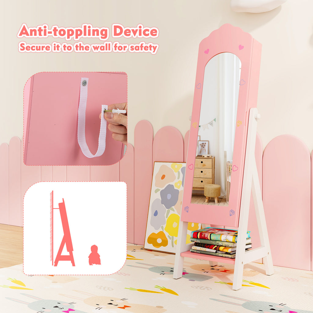 Kids Jewelry Organizer with Full-Length Mirror & Pink Cloud Design - Wall-Mount Storage