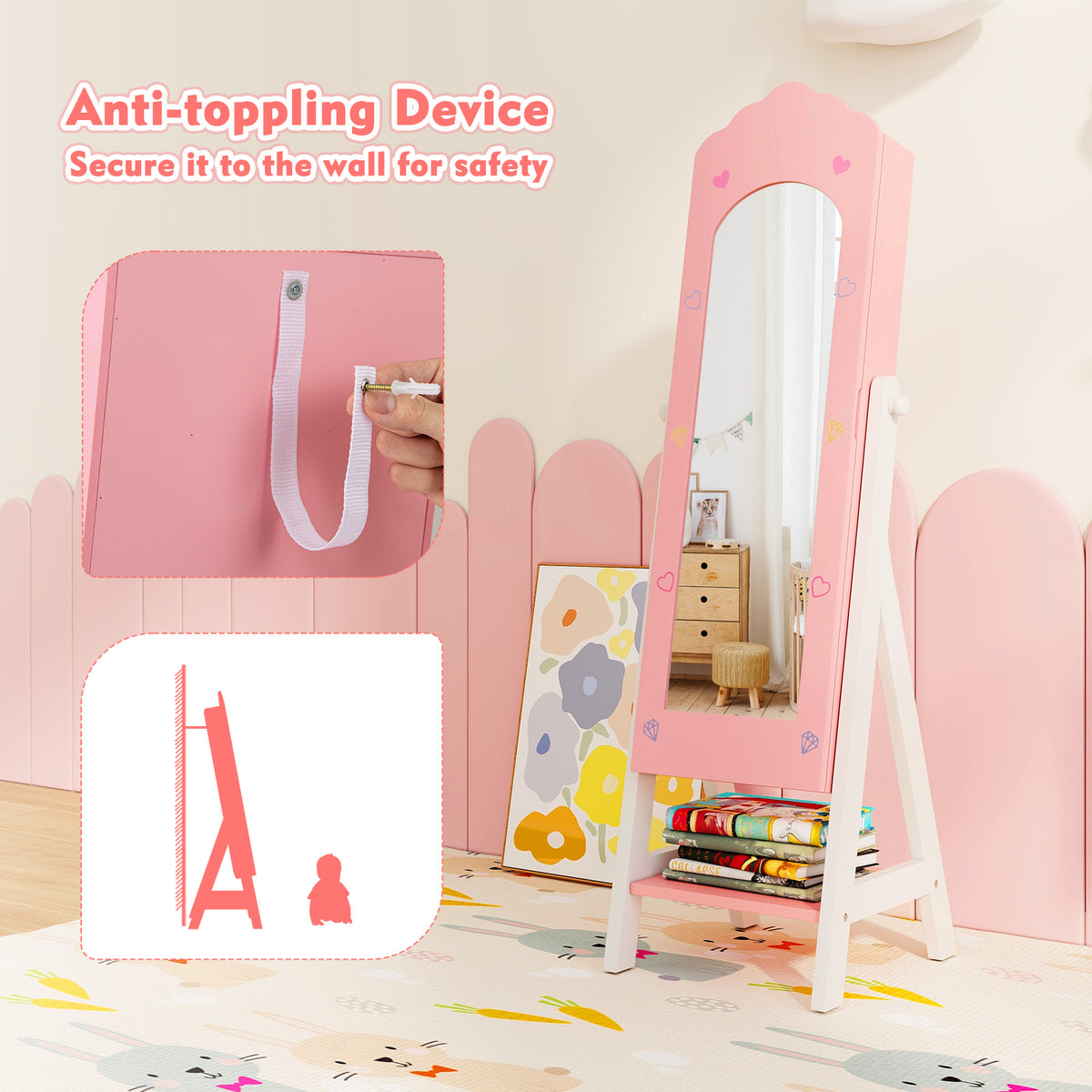 Kids Jewelry Organizer with Full-Length Mirror & Pink Cloud Design - Wall-Mount Storage