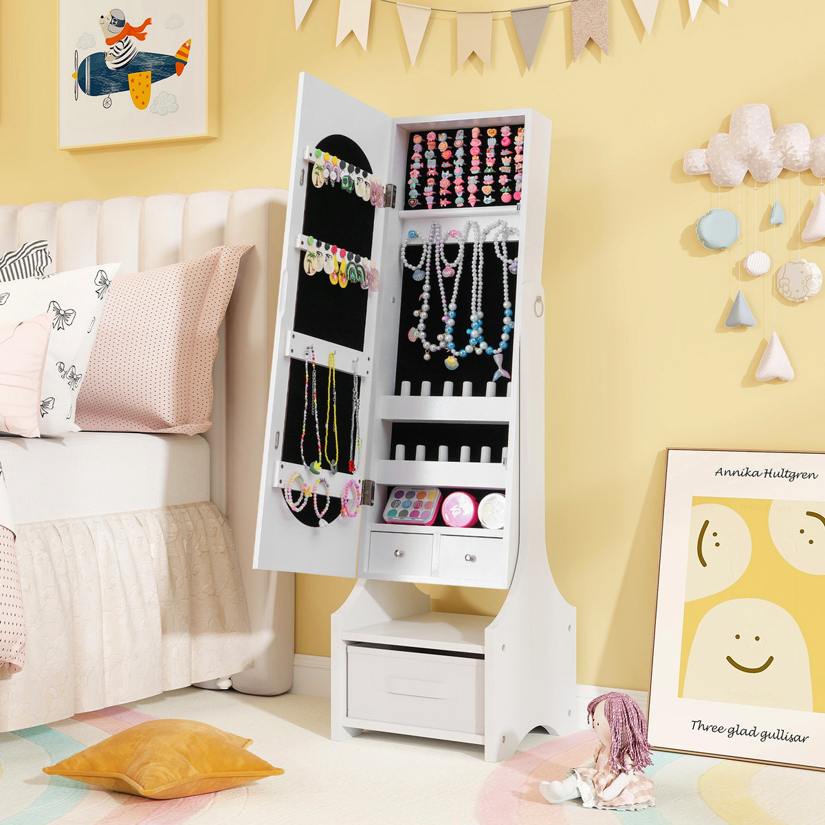 Kids Jewelry Armoire Cabinet with Mirror & Storage - White - Tilt Angles