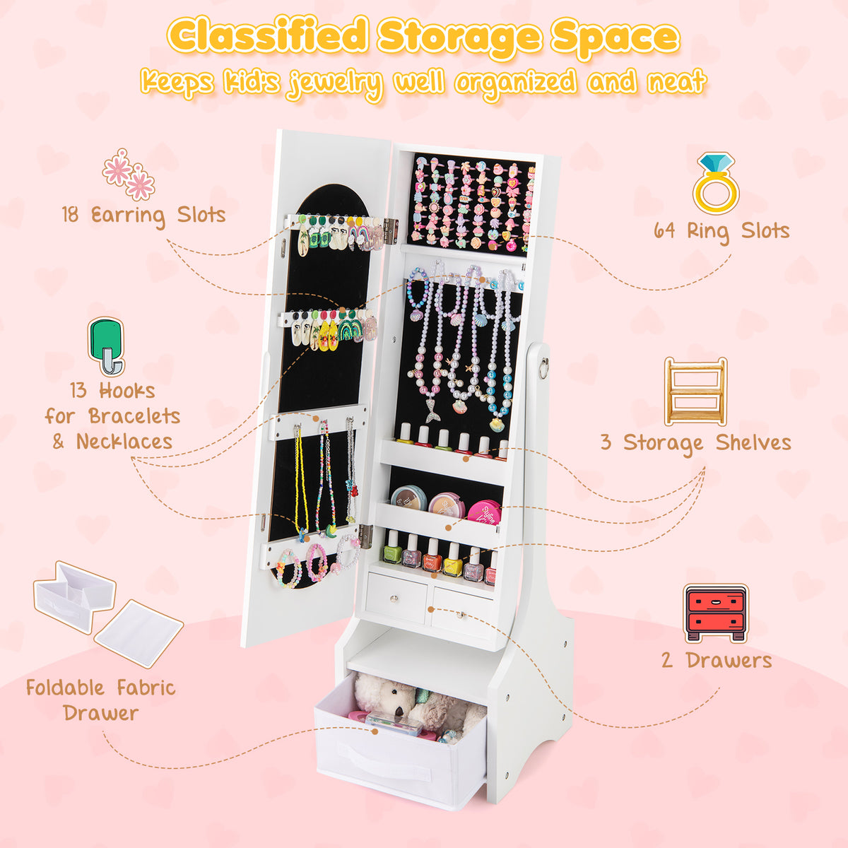 Kids Jewelry Armoire Cabinet with Mirror & Storage - White - Tilt Angles