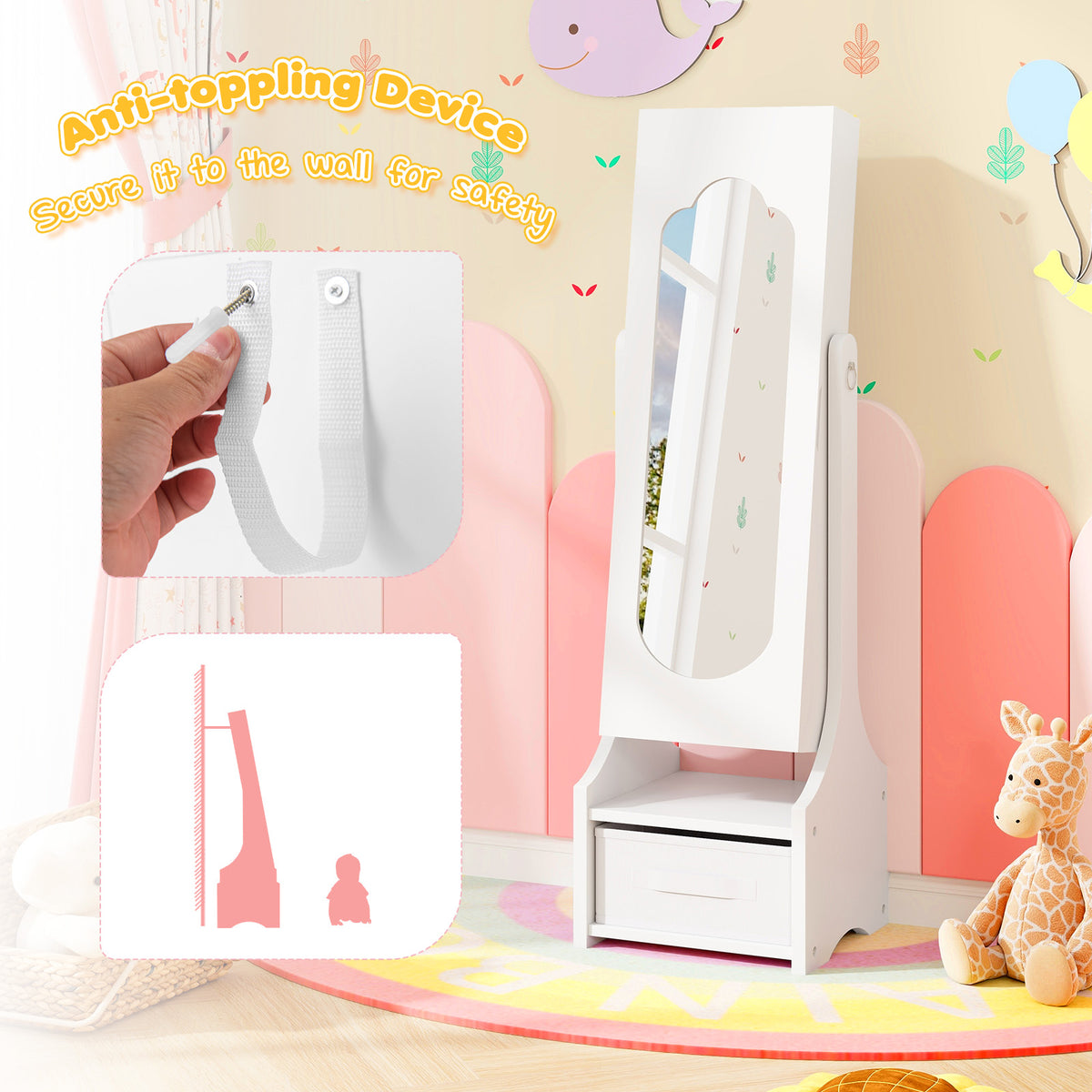 Kids Jewelry Armoire Cabinet with Mirror & Storage - White - Tilt Angles