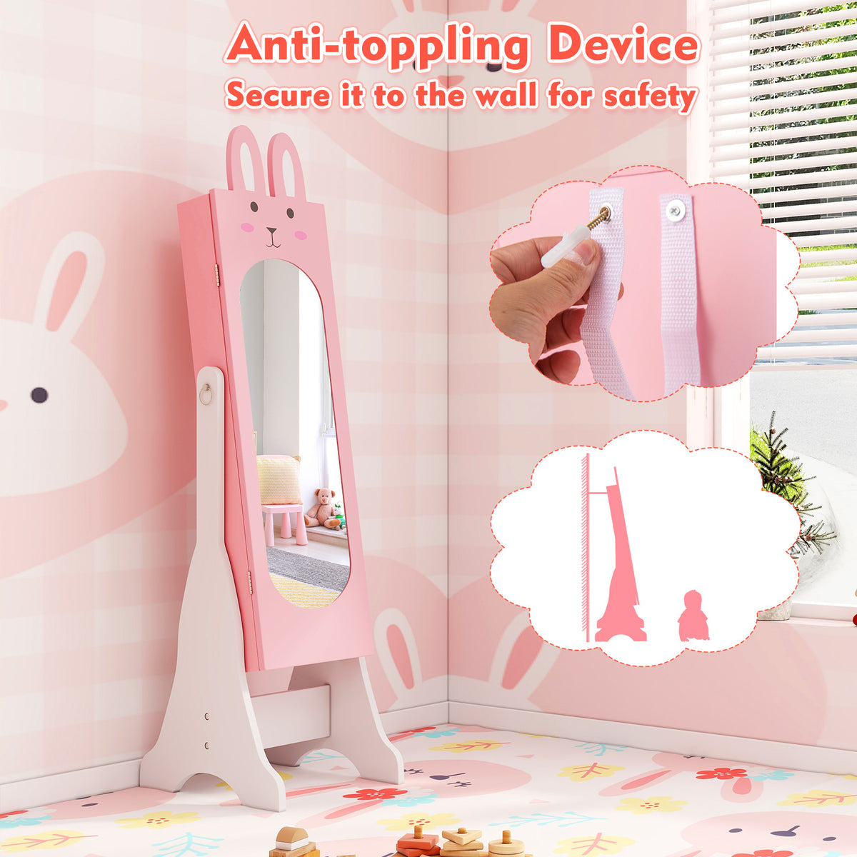 Kids Jewelry Armoire Cabinet with 2 Tilt Angles Pink Rabbit - Large Capacity