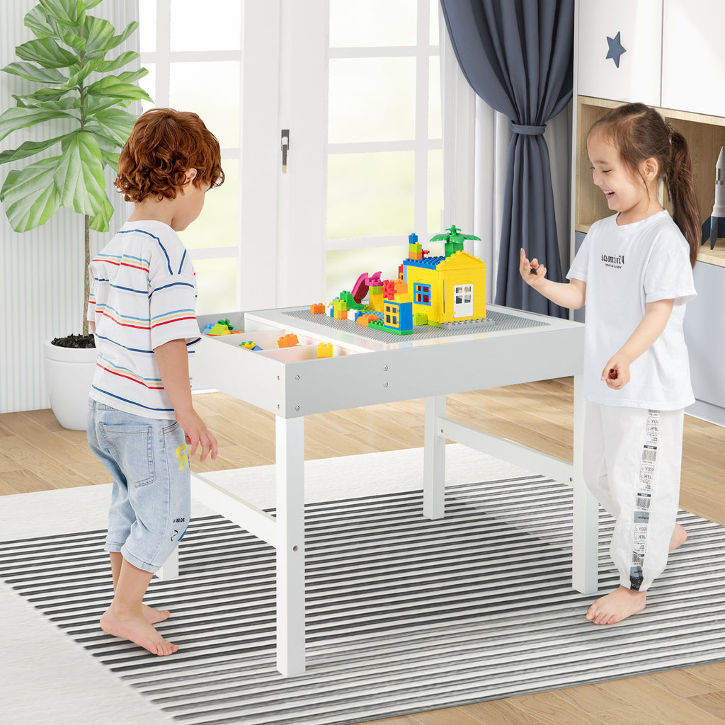 3-in-1 Wooden Kids Activity Table with Storage & Double-Sided Top - White, Building Blocks Compatible