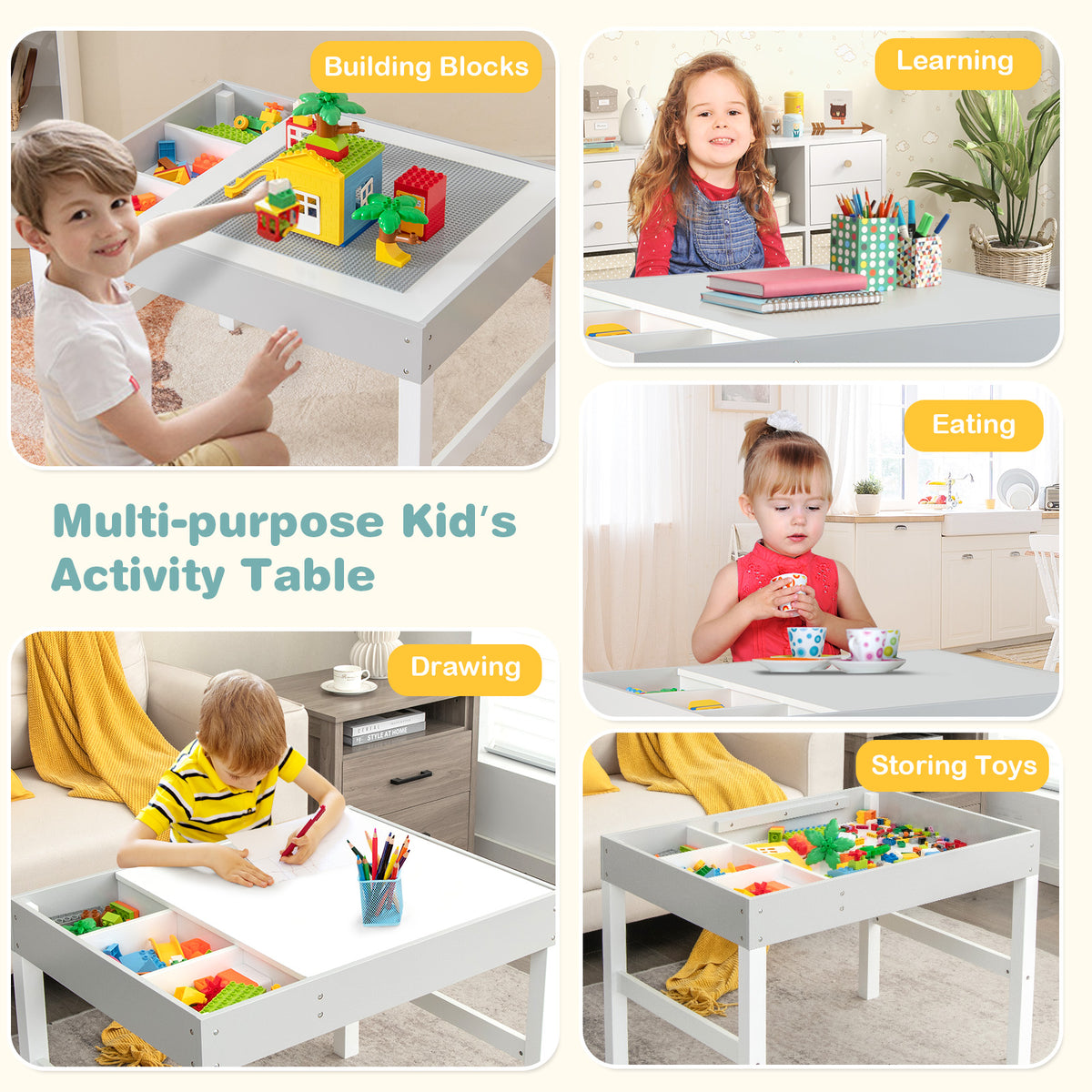 3-in-1 Wooden Kids Activity Table with Storage & Double-Sided Top - White, Building Blocks Compatible