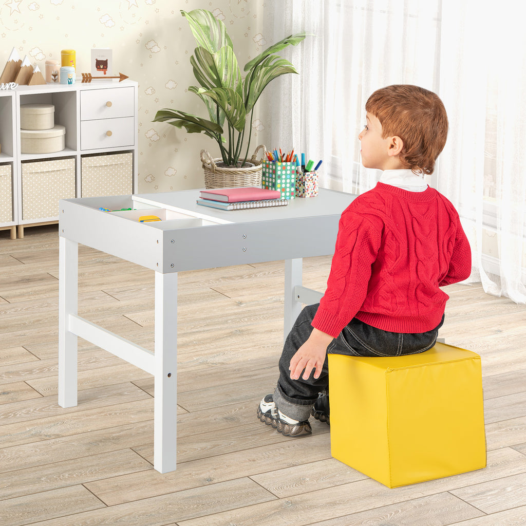 3-in-1 Wooden Kids Activity Table with Storage & Double-Sided Top - White, Building Blocks Compatible