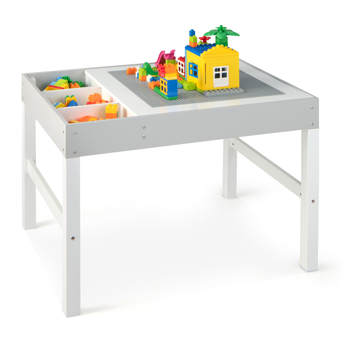 3-in-1 Wooden Kids Activity Table with Storage & Double-Sided Top - White, Building Blocks Compatible