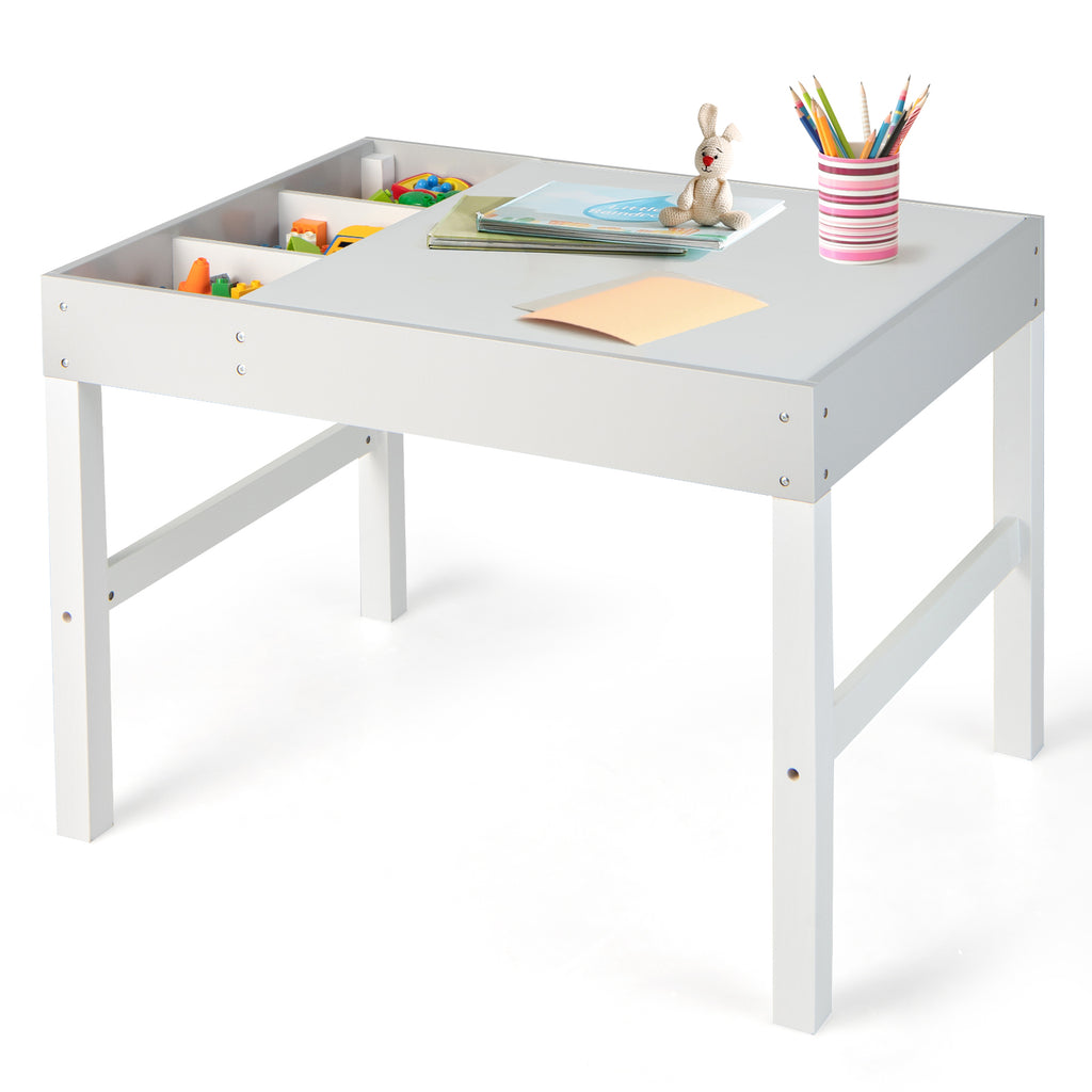 3-in-1 Wooden Kids Activity Table with Storage & Double-Sided Top - White, Building Blocks Compatible