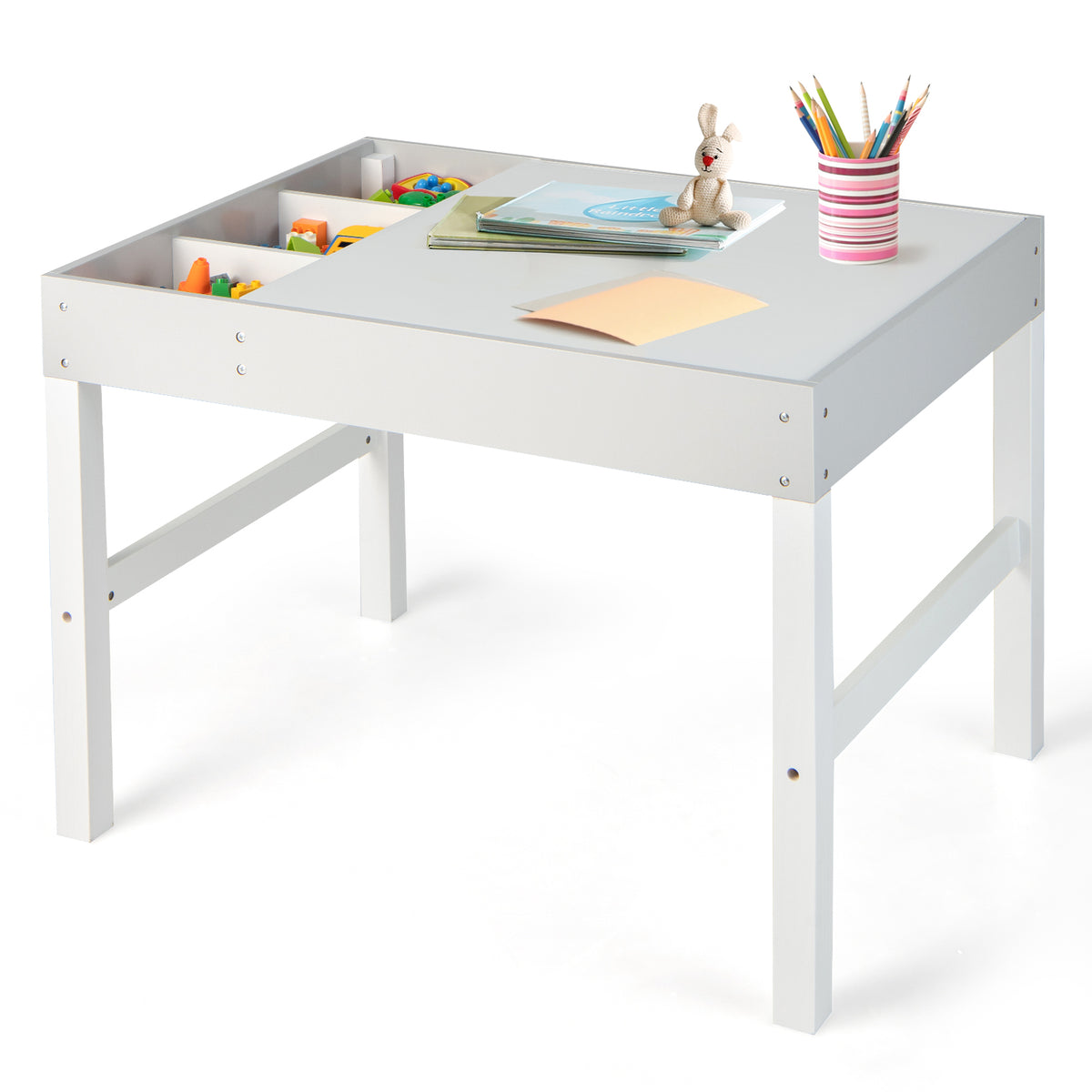 3-in-1 Wooden Kids Activity Table with Storage & Double-Sided Top - White, Building Blocks Compatible
