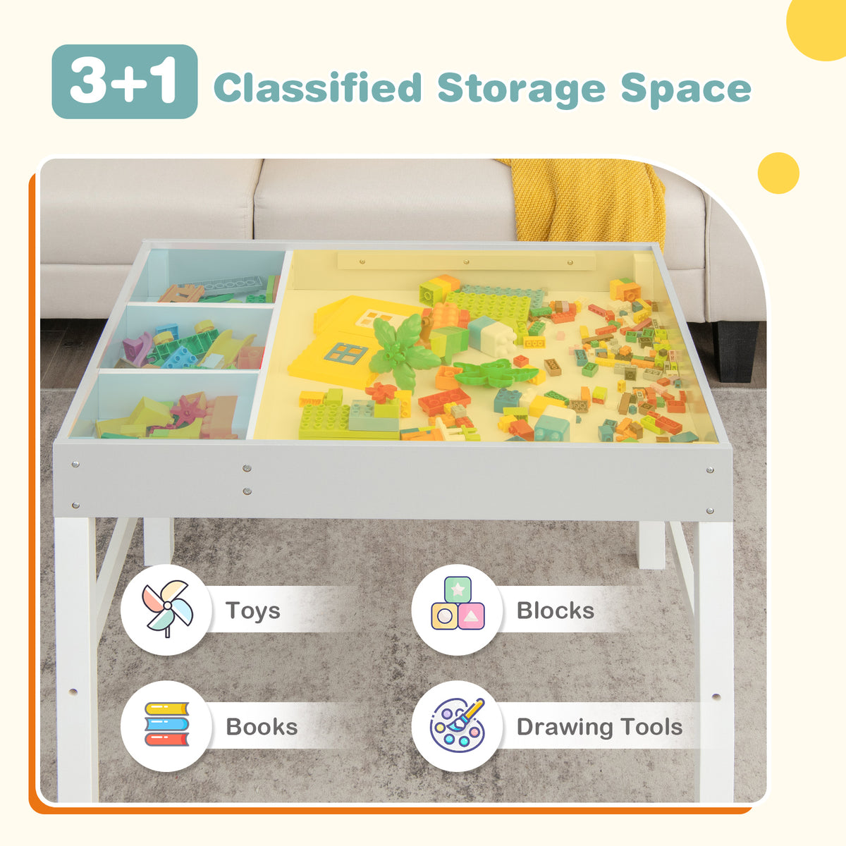3-in-1 Wooden Kids Activity Table with Storage & Double-Sided Top - White, Building Blocks Compatible