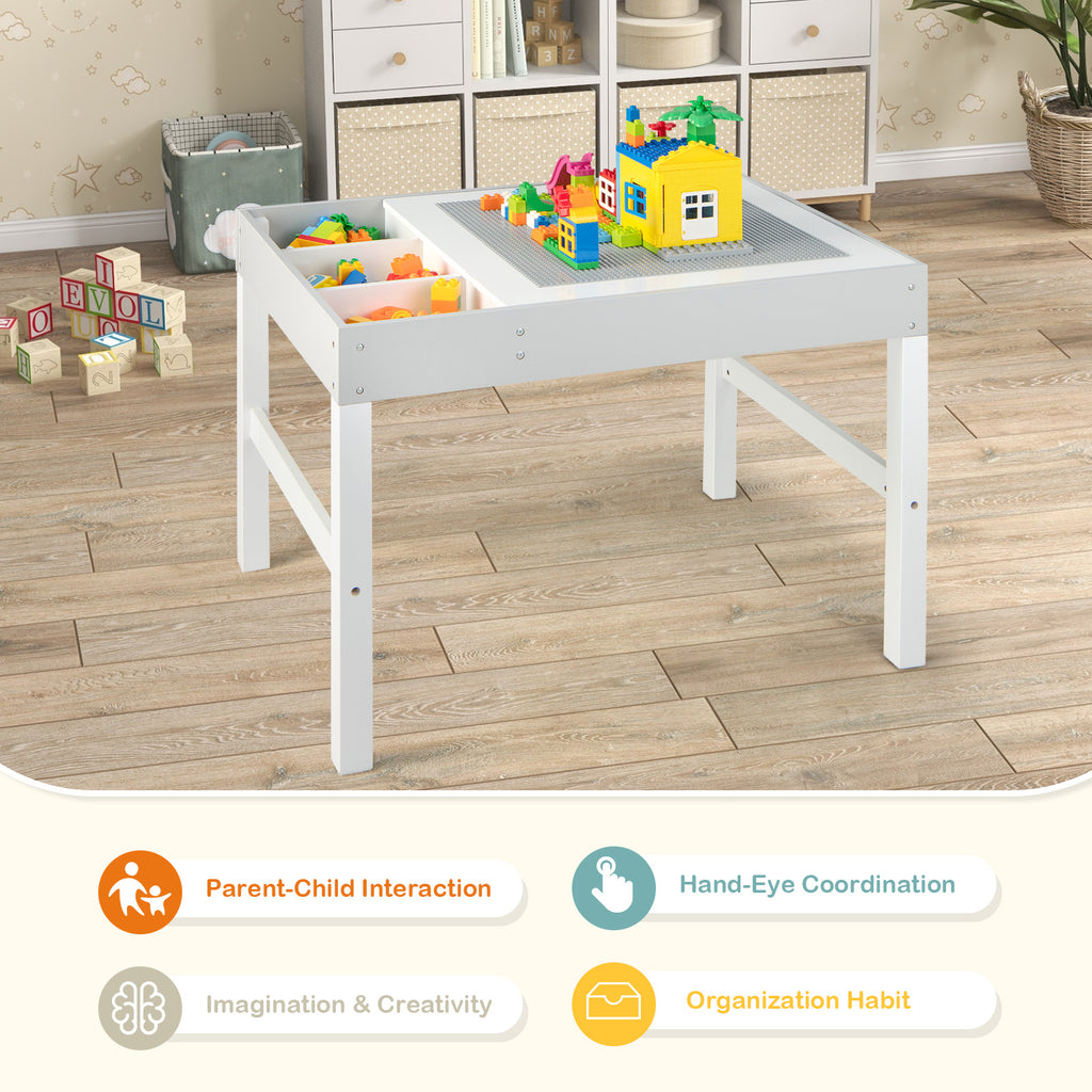 3-in-1 Wooden Kids Activity Table with Storage & Double-Sided Top - White, Building Blocks Compatible