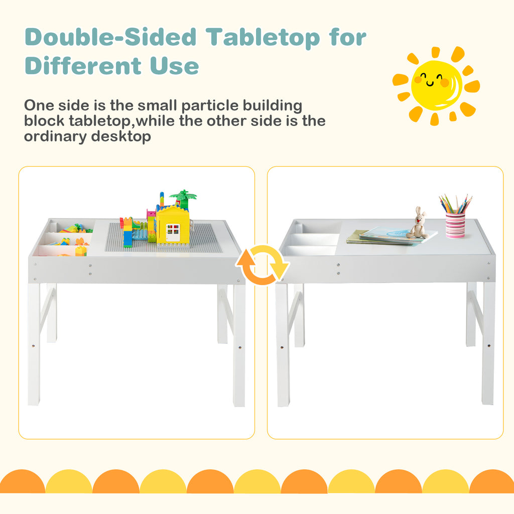 3-in-1 Wooden Kids Activity Table with Storage & Double-Sided Top - White, Building Blocks Compatible