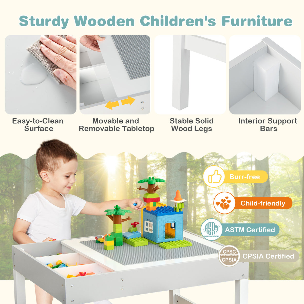 3-in-1 Wooden Kids Activity Table with Storage & Double-Sided Top - White, Building Blocks Compatible