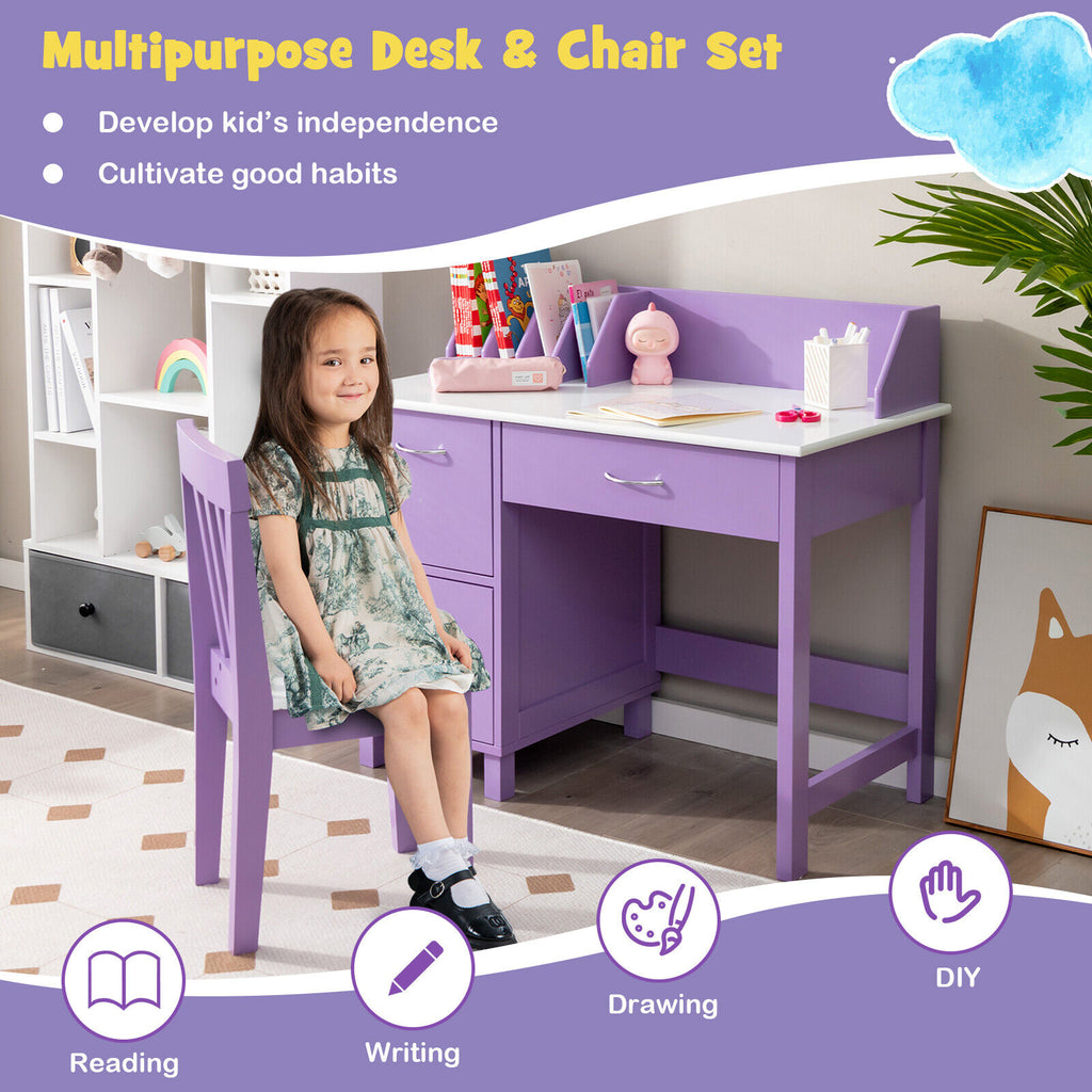 Kids Wooden Study Table and Chair Set with 3 Drawers and Storage Cabinet - Purple, Safe & Durable