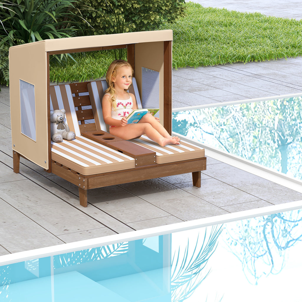 Kids Patio Lounge Chair with Cup Holders & Awning - Brown - For Ages 3-8