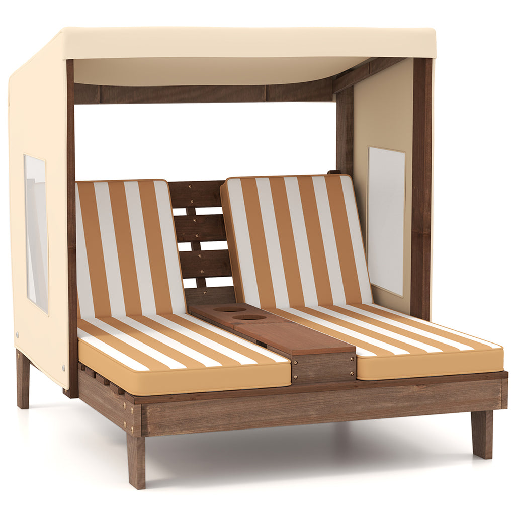 Kids Patio Lounge Chair with Cup Holders & Awning - Brown - For Ages 3-8