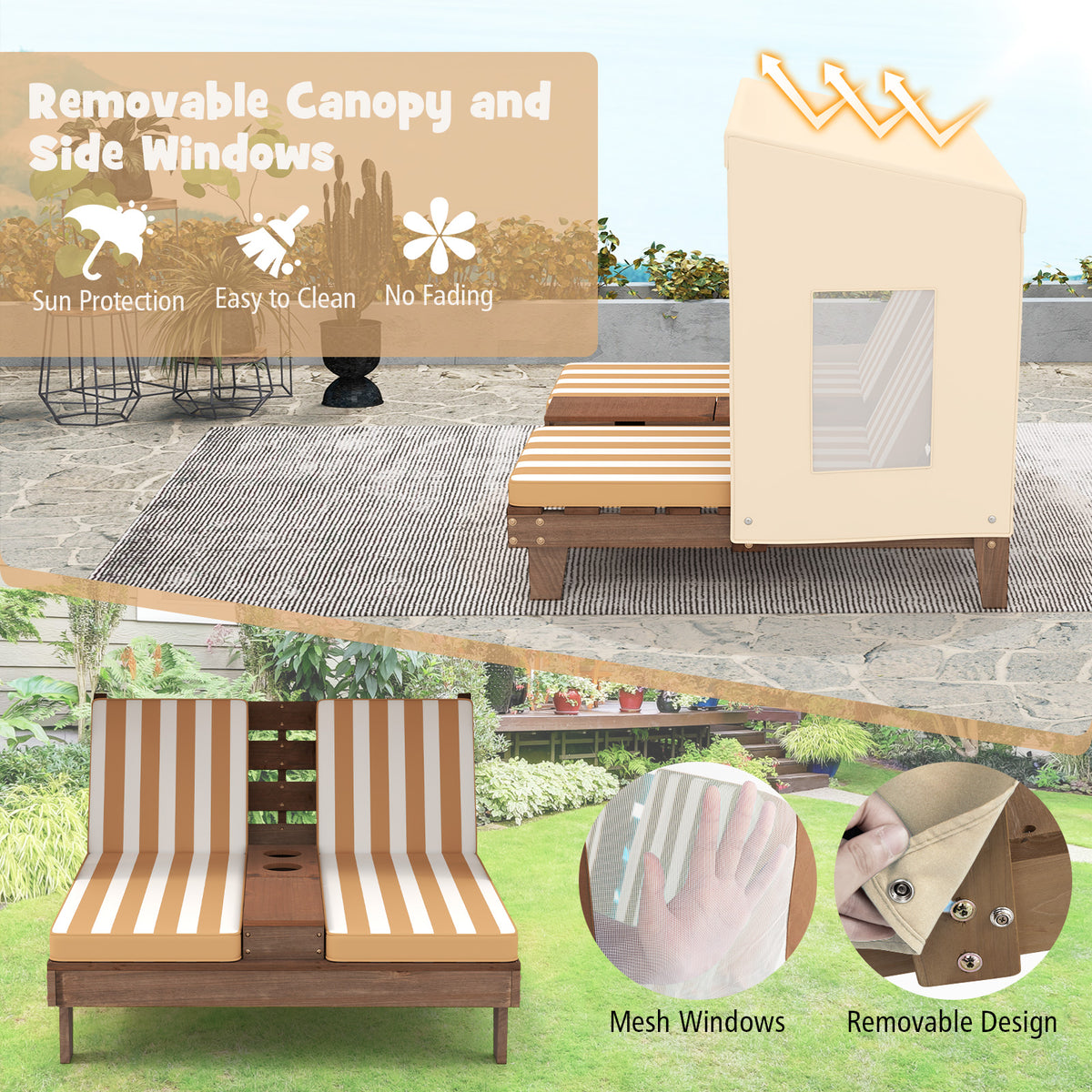 Kids Patio Lounge Chair with Cup Holders & Awning - Brown - For Ages 3-8